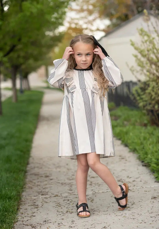 Kids cream and black stripe long puff sleeve ruffle dress