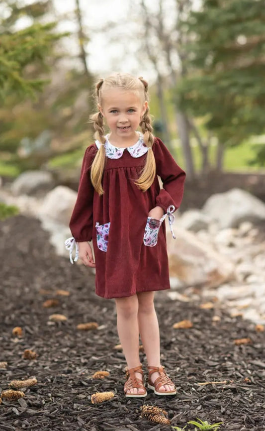 Kids burgundy corduroy pocket bow dress